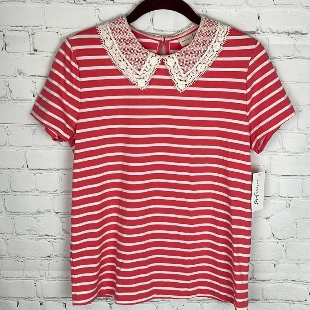 Maison Jules Blouse Striped with Lace Collar Size Small NWT